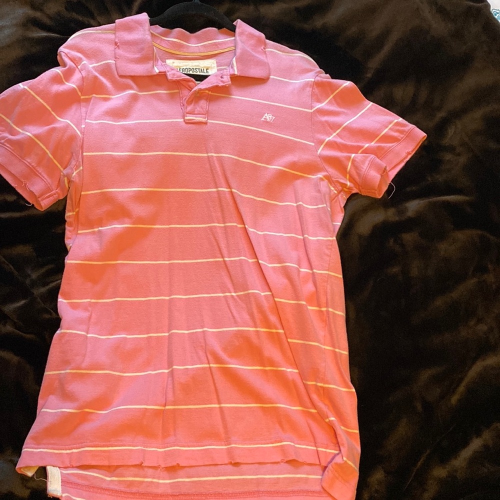 Aeropostale Polo. Large. Pink with White Stripes.